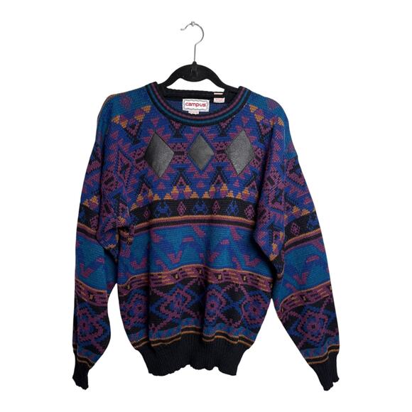 Vintage Campus Men's Diamond Geometric Leather Trim Sweater Size L Retro - Picture 8 of 13